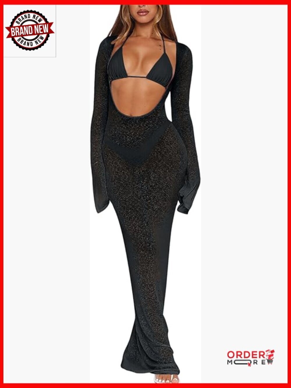 3pc Triangle Thong Bikini Set Sheer Mesh Long Sleeve Cover Up Vacation Beach
